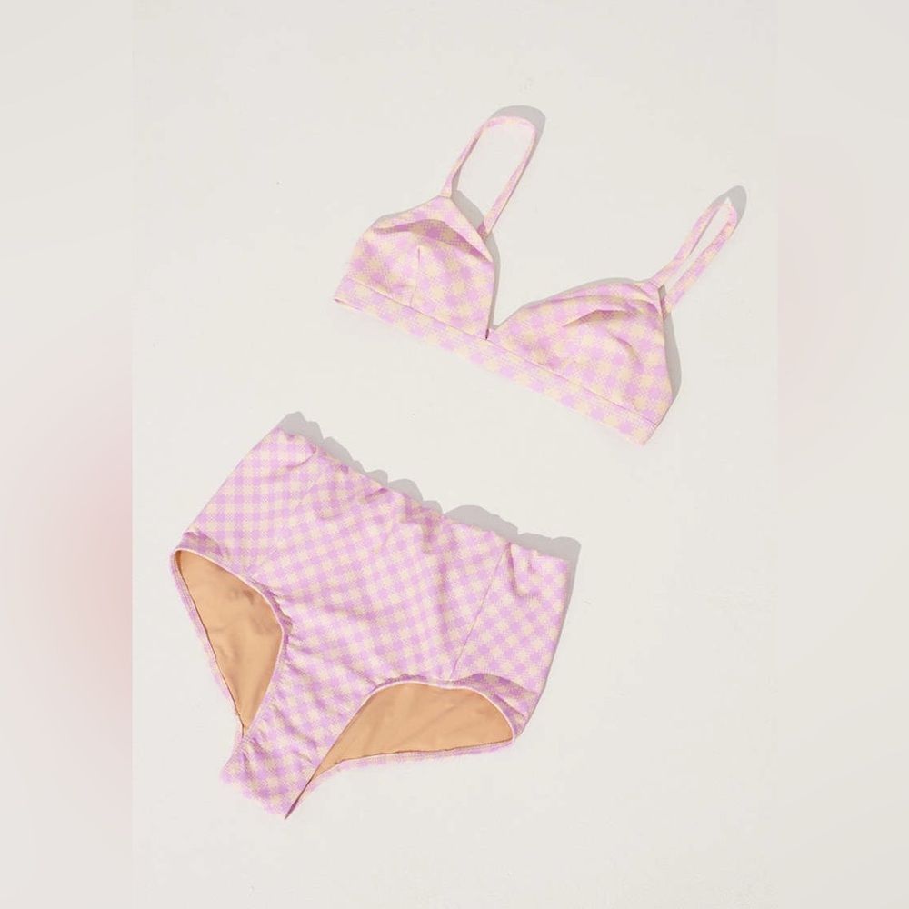 No. 6 Lilac Gingham bikini top and high waisted bottom set
